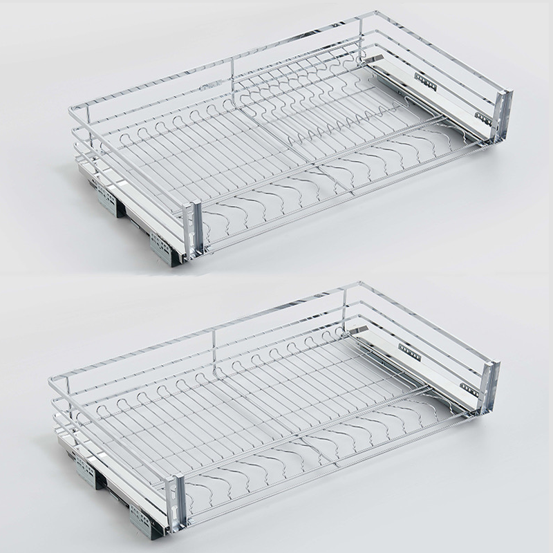 Double-Tier Pull-Out In-Cabinet Dish Rack And Storage Basket