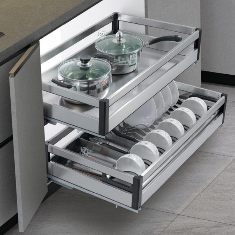 Double-Tier Pull-Out In-Cabinet Dish Rack And Storage Basket