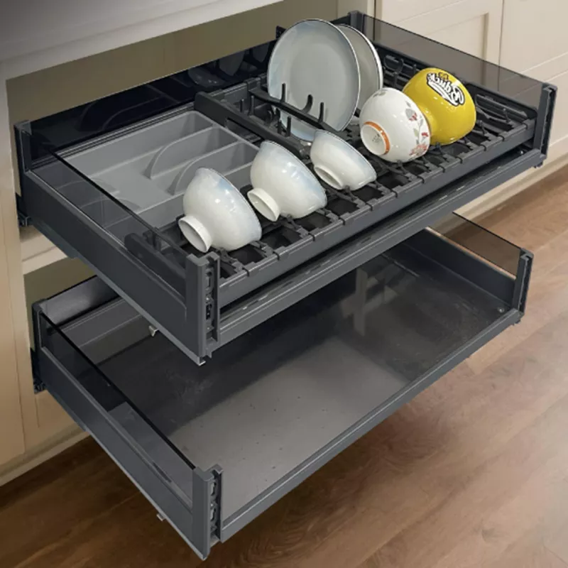 Double-Tier Pull-Out In-Cabinet Dish Rack And Storage Basket